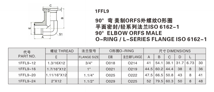 90°弯 美制ORFS外螺纹O形圈 平面密封/轻系列法兰ISO 6162-1